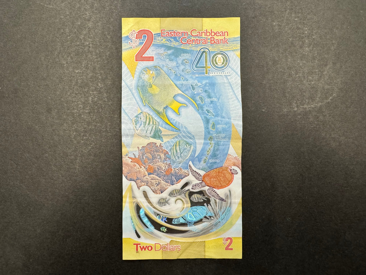 Rare $2 Dollar (40 Year Commemorative) Banknote From The Eastern Caribbean Central Bank (Issued in 2023)