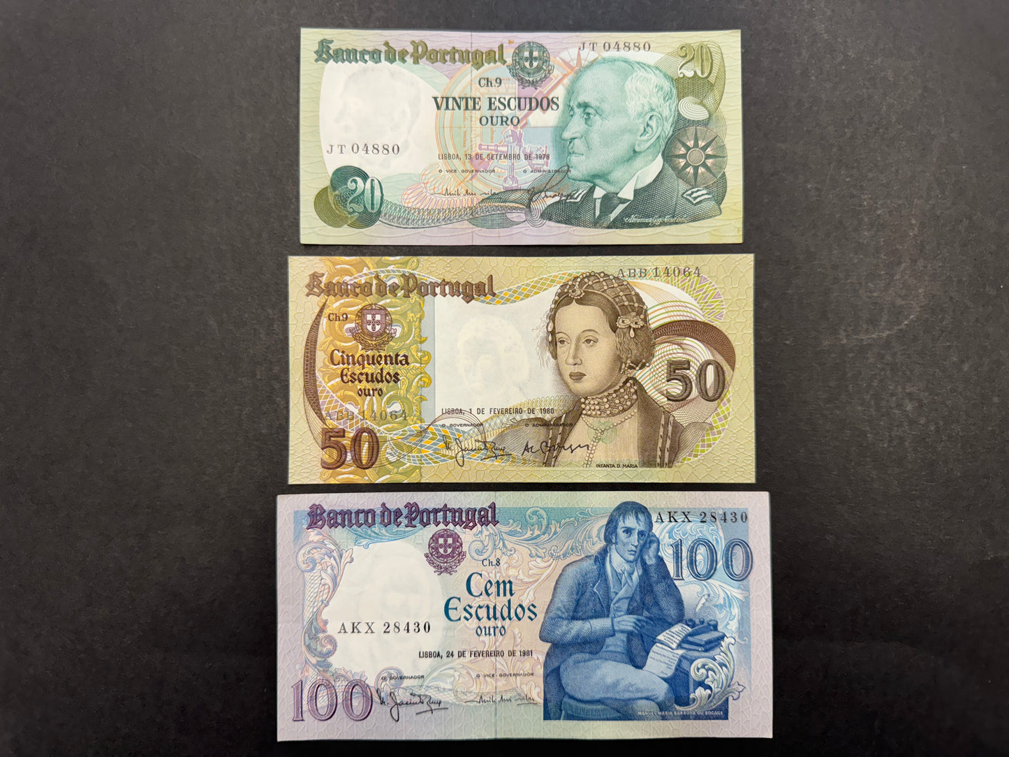 Banco De Portugal Escudos Banknote Set From Portugal (Issued between 1978 & 1981)