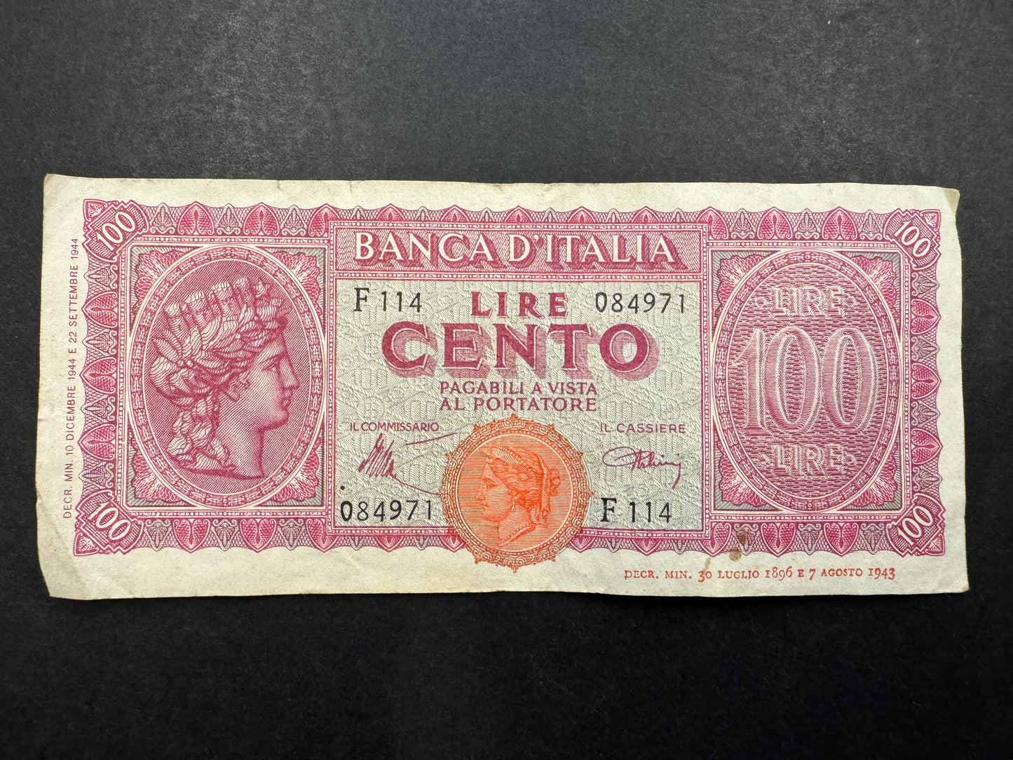 Rare 100 Lire (Italia Turrita) Banknote From Italy (Issued in 1944)
