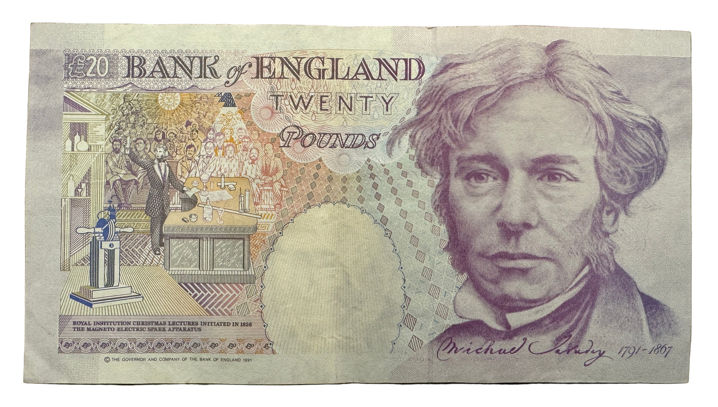 Bank Of England £20 Pounds "Michael Faraday" (2 "£20") Banknote 1991-1993