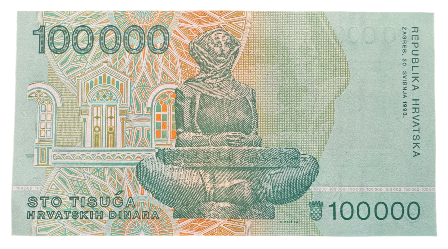 Croatia 100,000 Dinara Vintage Banknote 1993