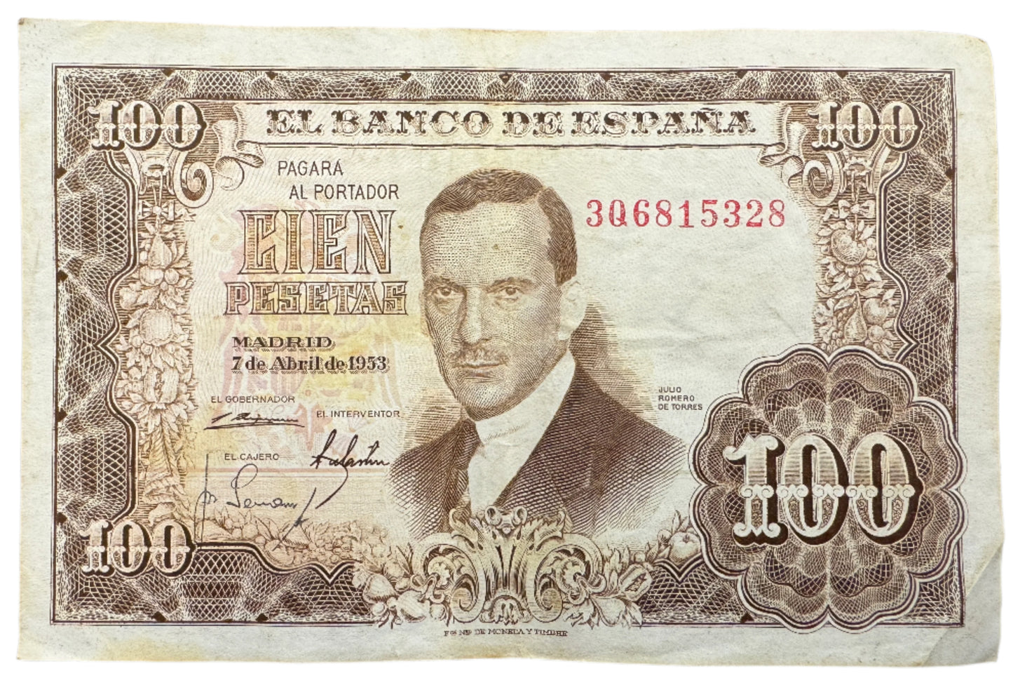 Spain El Banco De España 100 Pesetas Vintage Banknote 1953