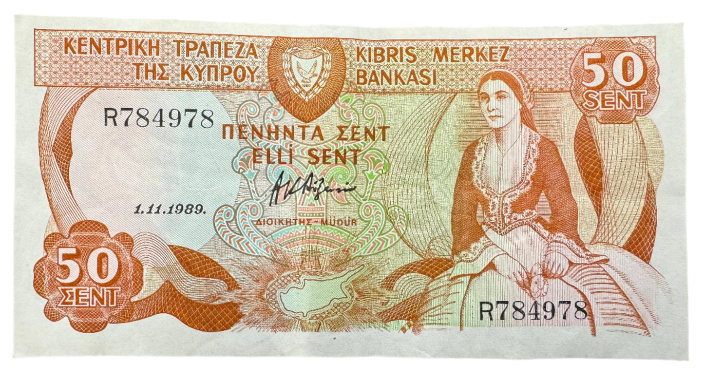 Central Bank Of Cyprus 50 Cents Vintage Banknote 1987-1989