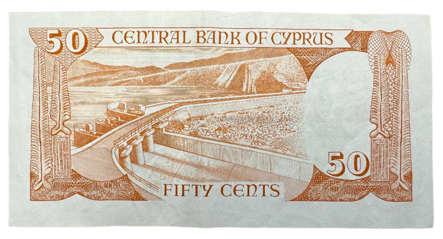Central Bank Of Cyprus 50 Cents Vintage Banknote 1987-1989