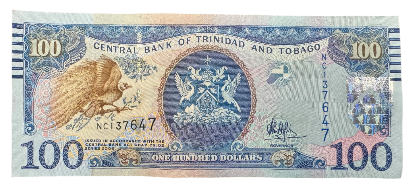 Trinidad and Tobago $100 Dollar Vintage Banknote 2006