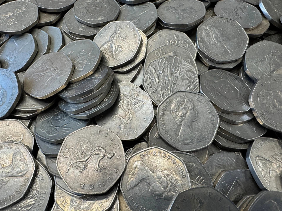 10 Old 50 Pence Coins From The United Kingdom