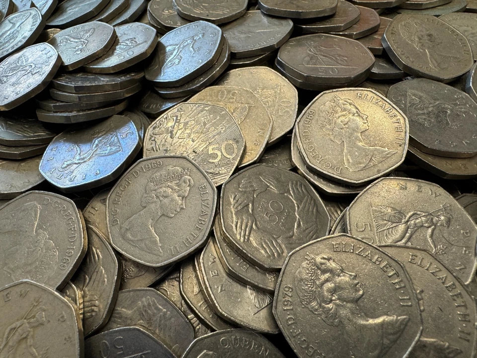 10 Old 50 Pence Coins From The United Kingdom
