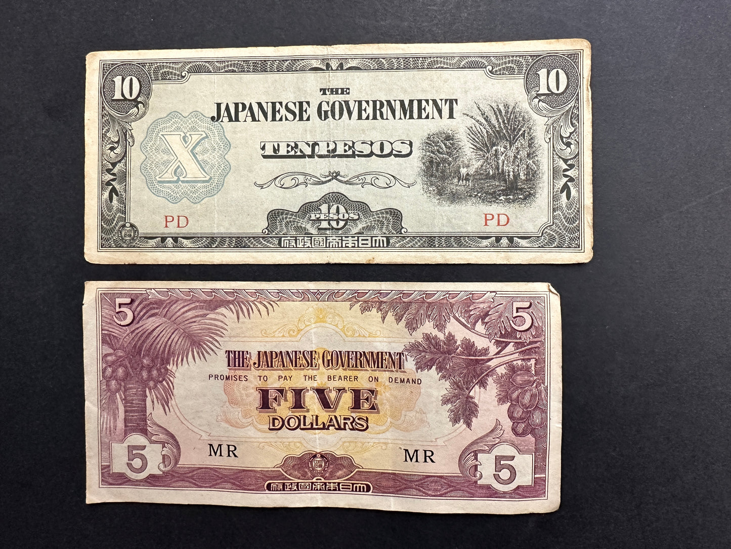 Japanese 10 Pesos and 5 Dollars Banknotes - Interesting Set