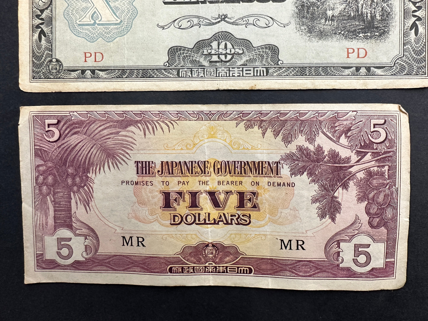 Japanese 10 Pesos and 5 Dollars Banknotes - Interesting Set