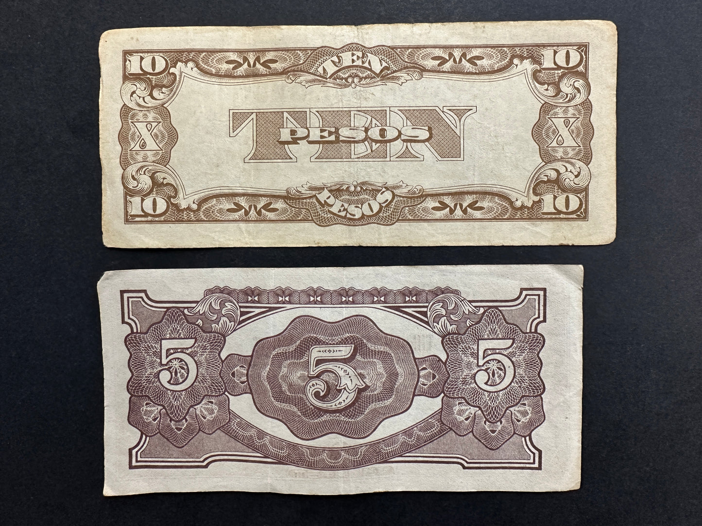 Japanese 10 Pesos and 5 Dollars Banknotes - Interesting Set