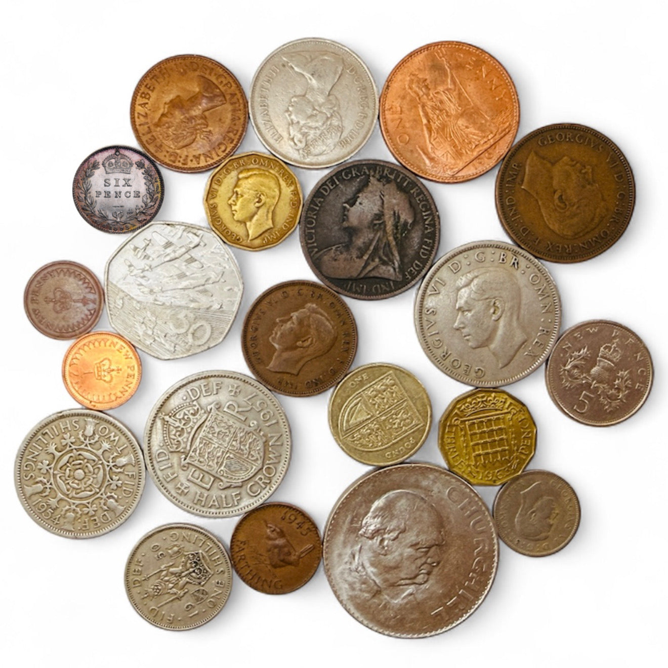 British Coin Gift Bag - 21 Genuine Vintage Coins Including a Silver Sixpence - Historic British Coin Collection in Black Velvet Pouch - Perfect Wedding, Birthday, or Christmas Good Luck Gift