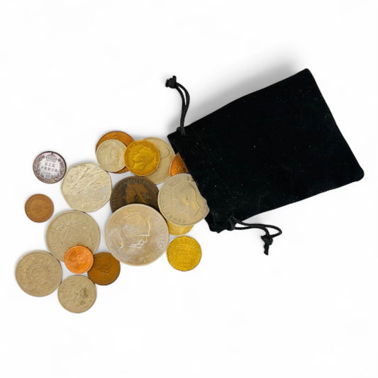 British Coin Gift Bag - 21 Genuine Vintage Coins Including a Silver Sixpence - Historic British Coin Collection in Black Velvet Pouch - Perfect Wedding, Birthday, or Christmas Good Luck Gift