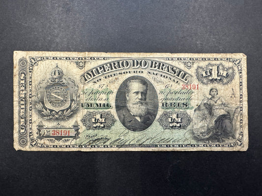 Very Rare Brazil 1 Mil Reis Banknote (Thesouro Nacional; 6th print Issued between 1879-1885)