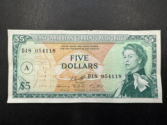 Rare $5 Dollars Banknote From The East Caribbean Currency Authority (Issued in 1965)