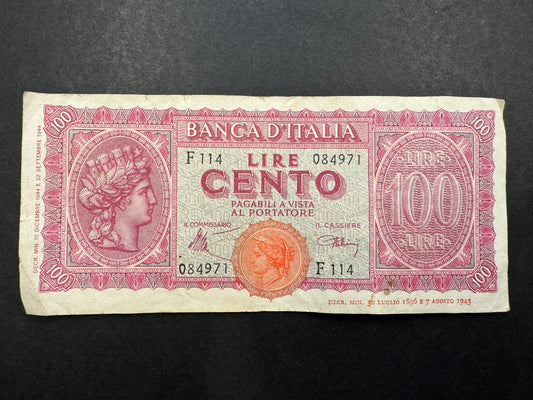 Rare 100 Lire (Italia Turrita) Banknote From Italy (Issued in 1944)