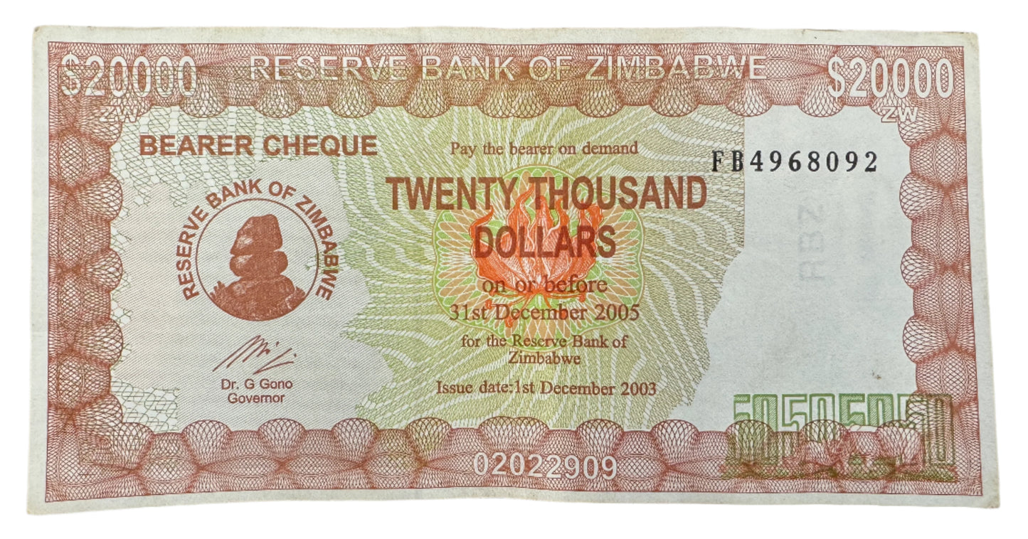 Zimbabwe $20,000 Dollars Vintage Banknote 2003
