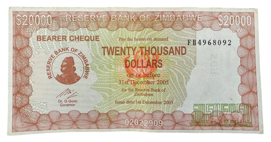 Zimbabwe $20,000 Dollars Vintage Banknote 2003