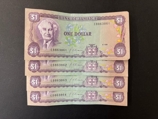 4 x $1 Jamaica Banknotes with Consecutive Serial Numbers (Issued 1990)