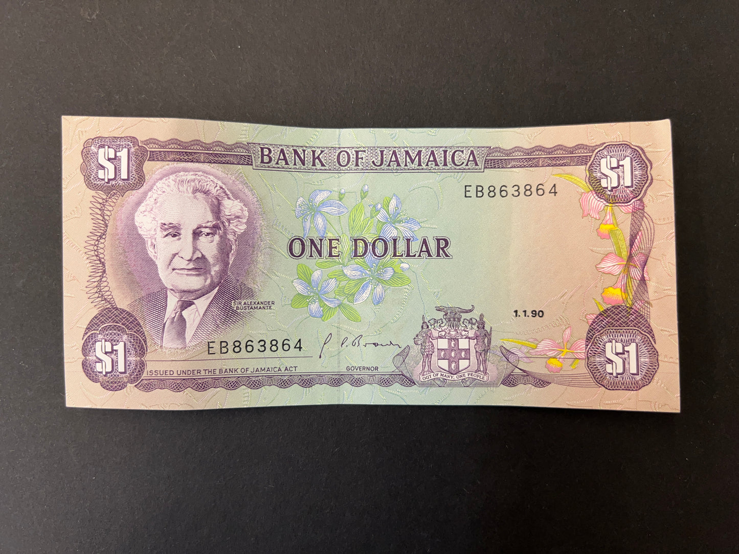 4 x $1 Jamaica Banknotes with Consecutive Serial Numbers (Issued 1990)