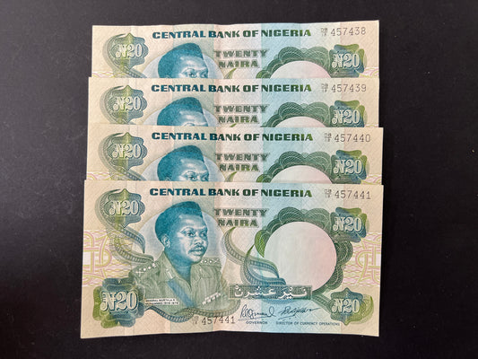4 x 20 Naira Nigerian Banknotes with Consecutive Serial Numbers