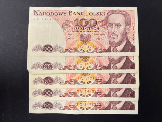 5 x 100PLZ (Zloty) Polish Banknotes with Consecutive Serial Numbers (dated 1986)