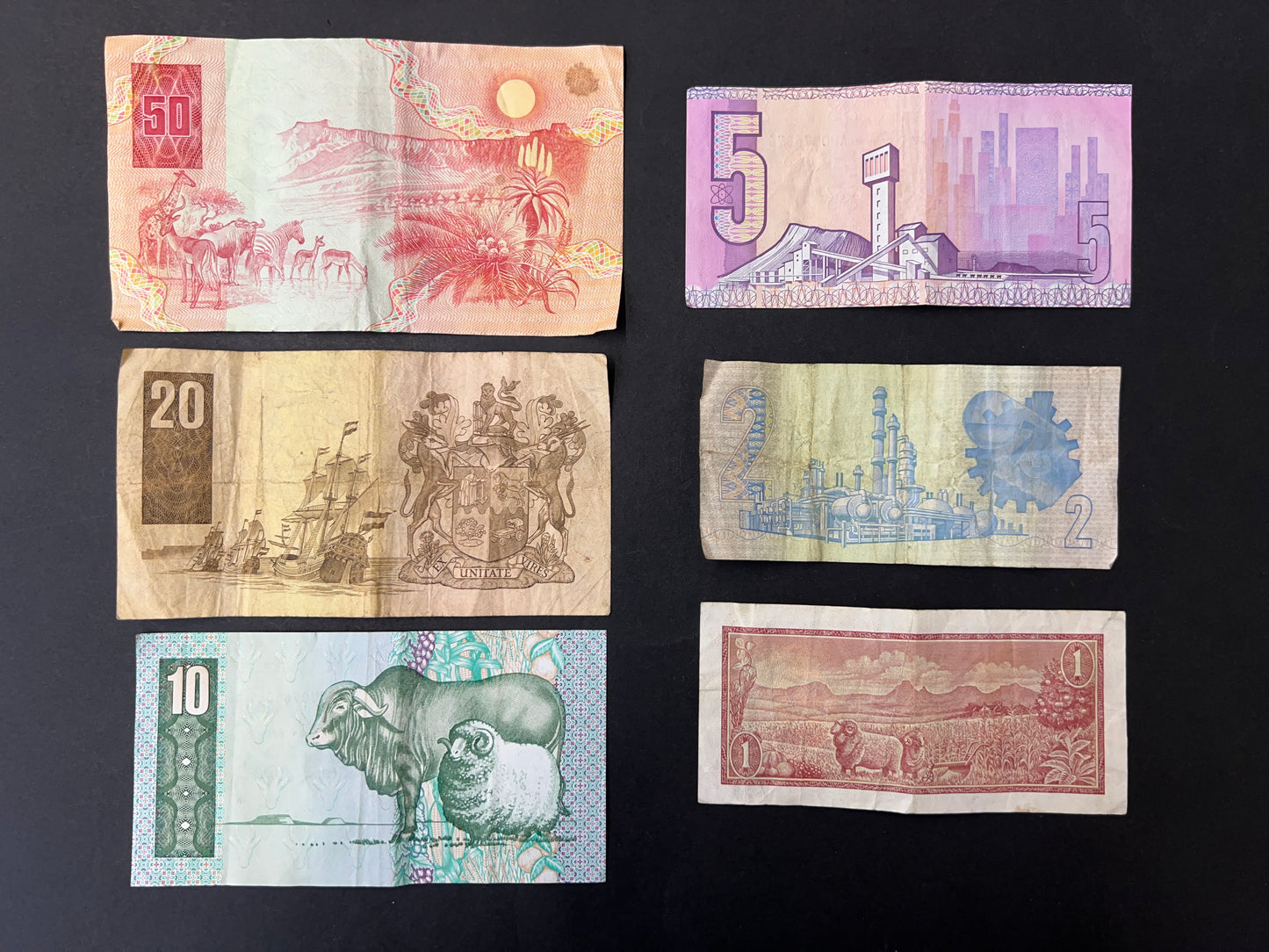 Set of 5 South African Rand Banknotes from the 1970s - 1990s , 20, 10, 5, 2, and 1 Rand