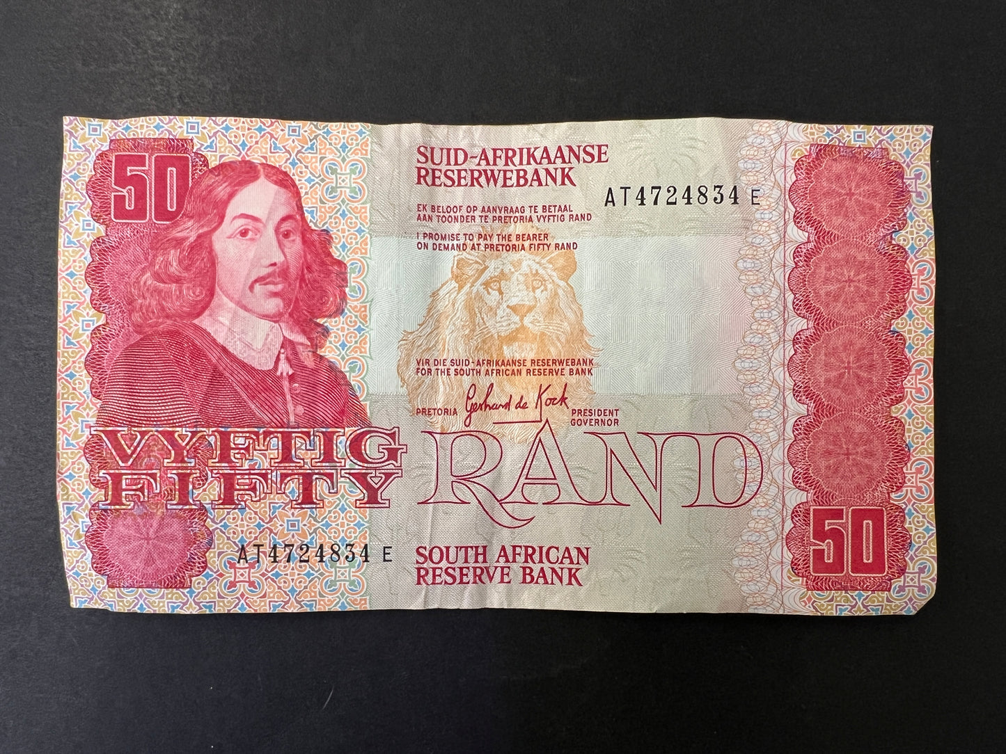Set of 5 South African Rand Banknotes from the 1970s - 1990s , 20, 10, 5, 2, and 1 Rand