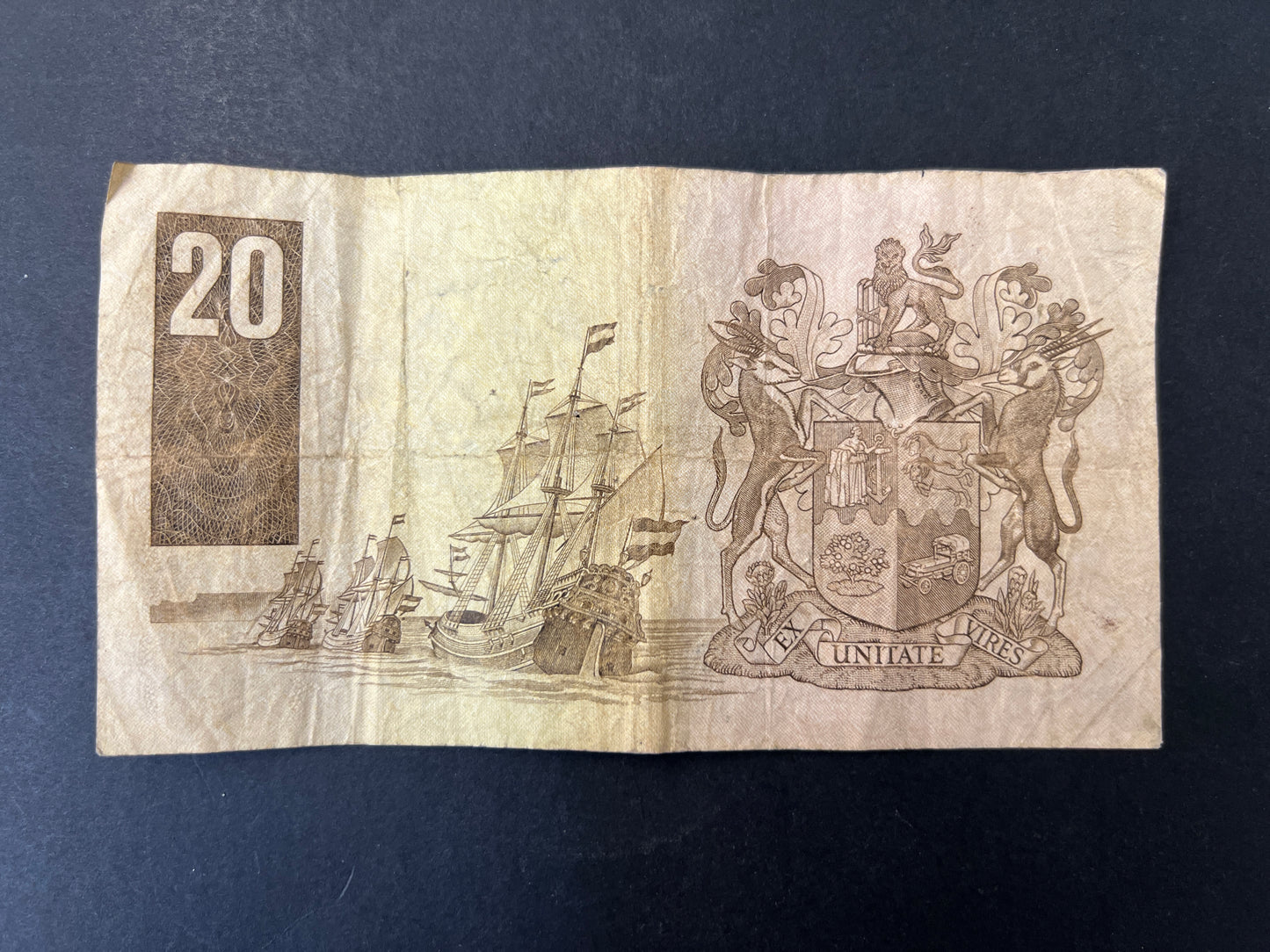 Set of 5 South African Rand Banknotes from the 1970s - 1990s , 20, 10, 5, 2, and 1 Rand