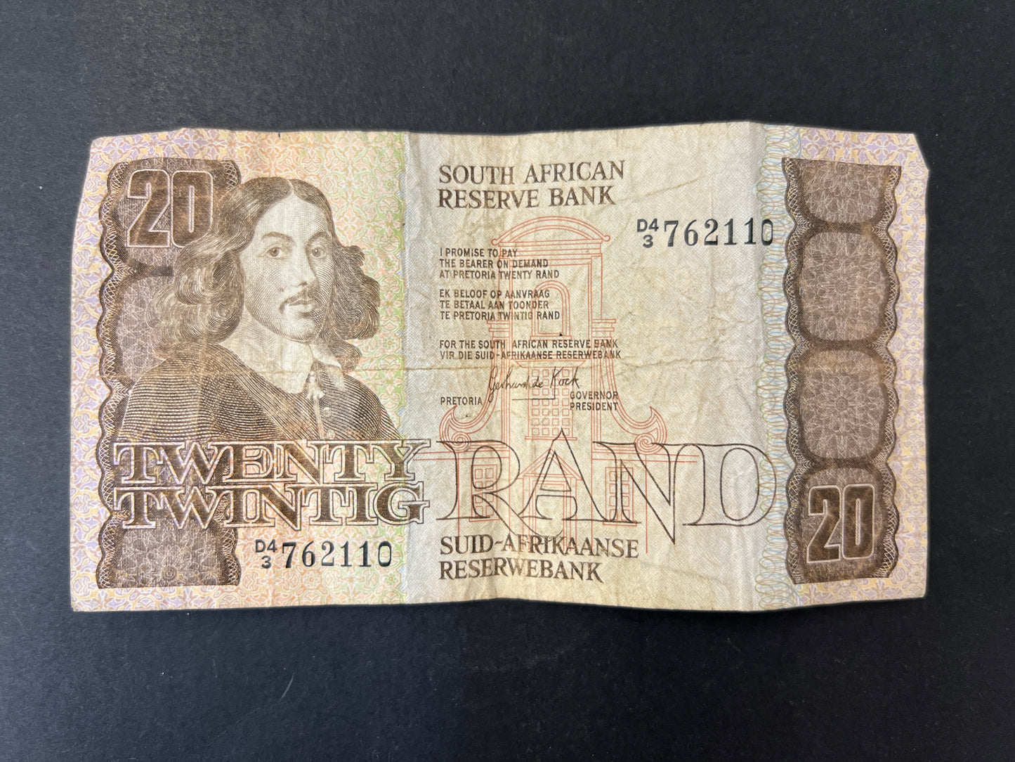 Set of 5 South African Rand Banknotes from the 1970s - 1990s , 20, 10, 5, 2, and 1 Rand