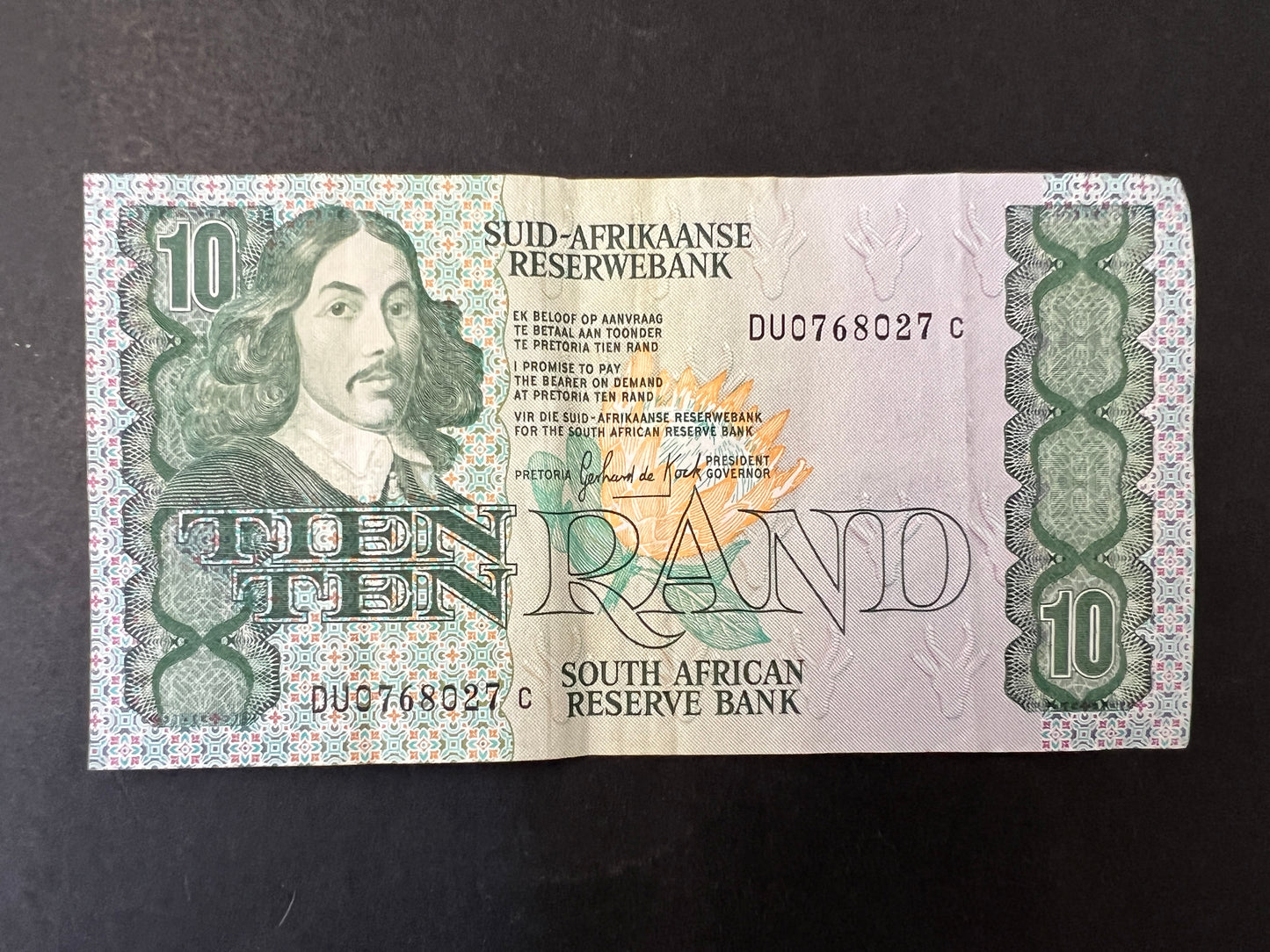 Set of 5 South African Rand Banknotes from the 1970s - 1990s , 20, 10, 5, 2, and 1 Rand