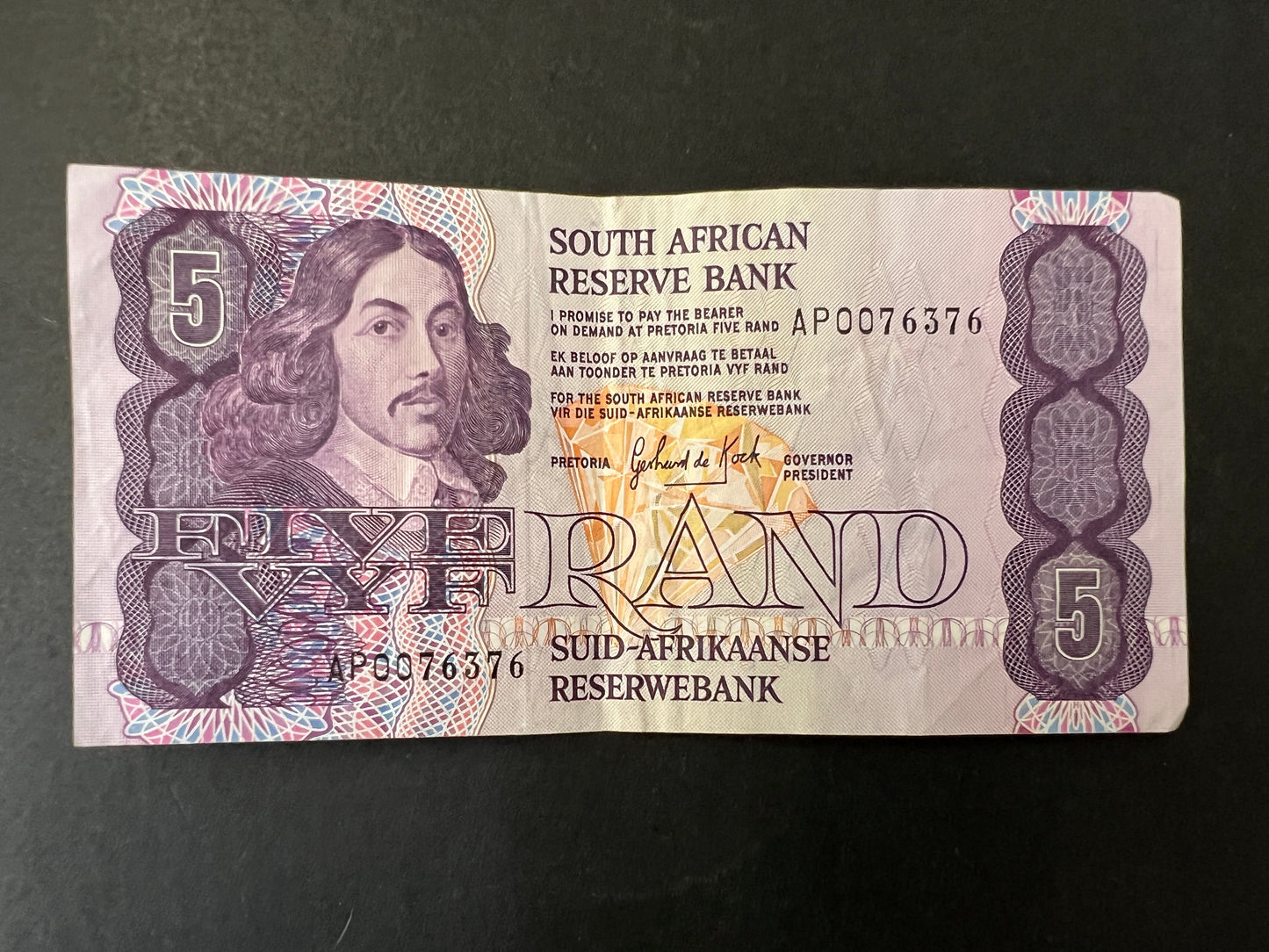 Set of 5 South African Rand Banknotes from the 1970s - 1990s , 20, 10, 5, 2, and 1 Rand