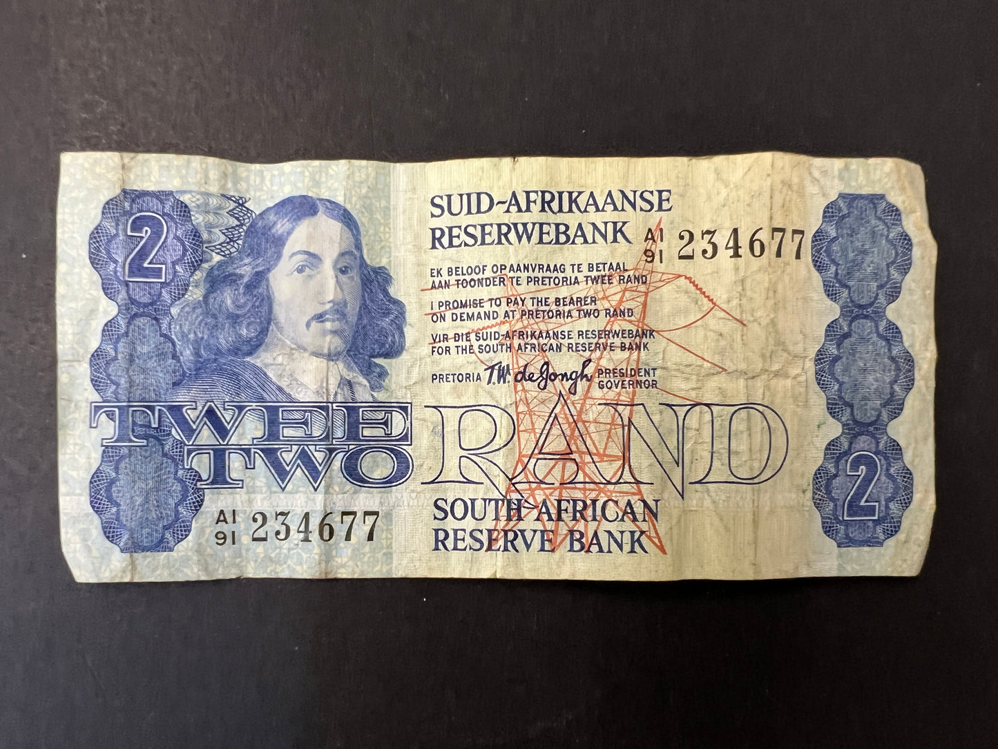 Set of 5 South African Rand Banknotes from the 1970s - 1990s , 20, 10, 5, 2, and 1 Rand