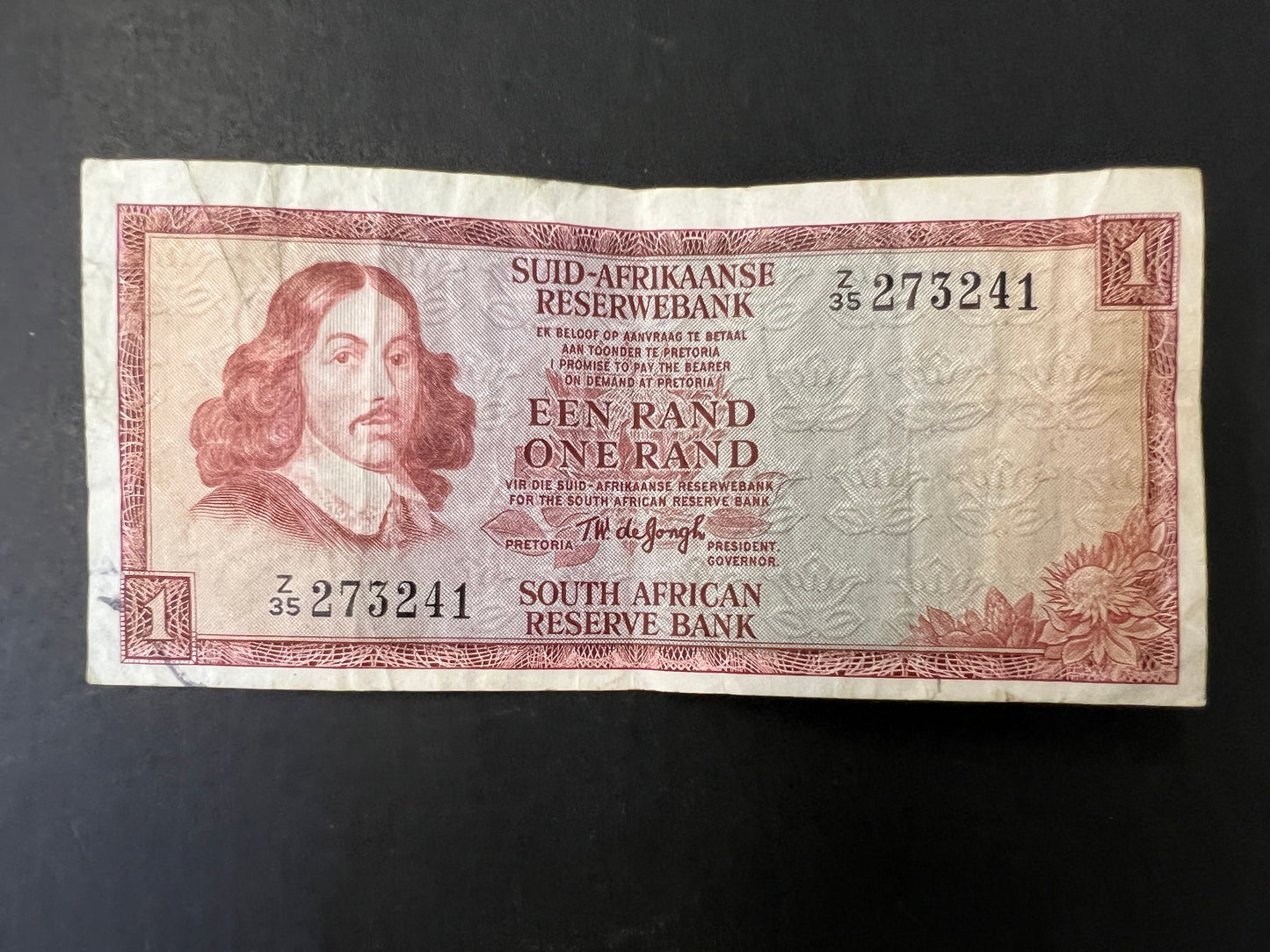 Set of 5 South African Rand Banknotes from the 1970s - 1990s , 20, 10, 5, 2, and 1 Rand