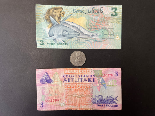Cook Islands 2 x Very Collectable $3 Banknotes and a $1 Coin
