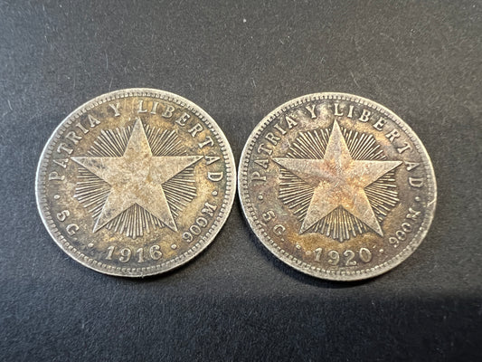 2 x Cuban Silver 20 (veinte) Peso Coins from 1916 and 1920