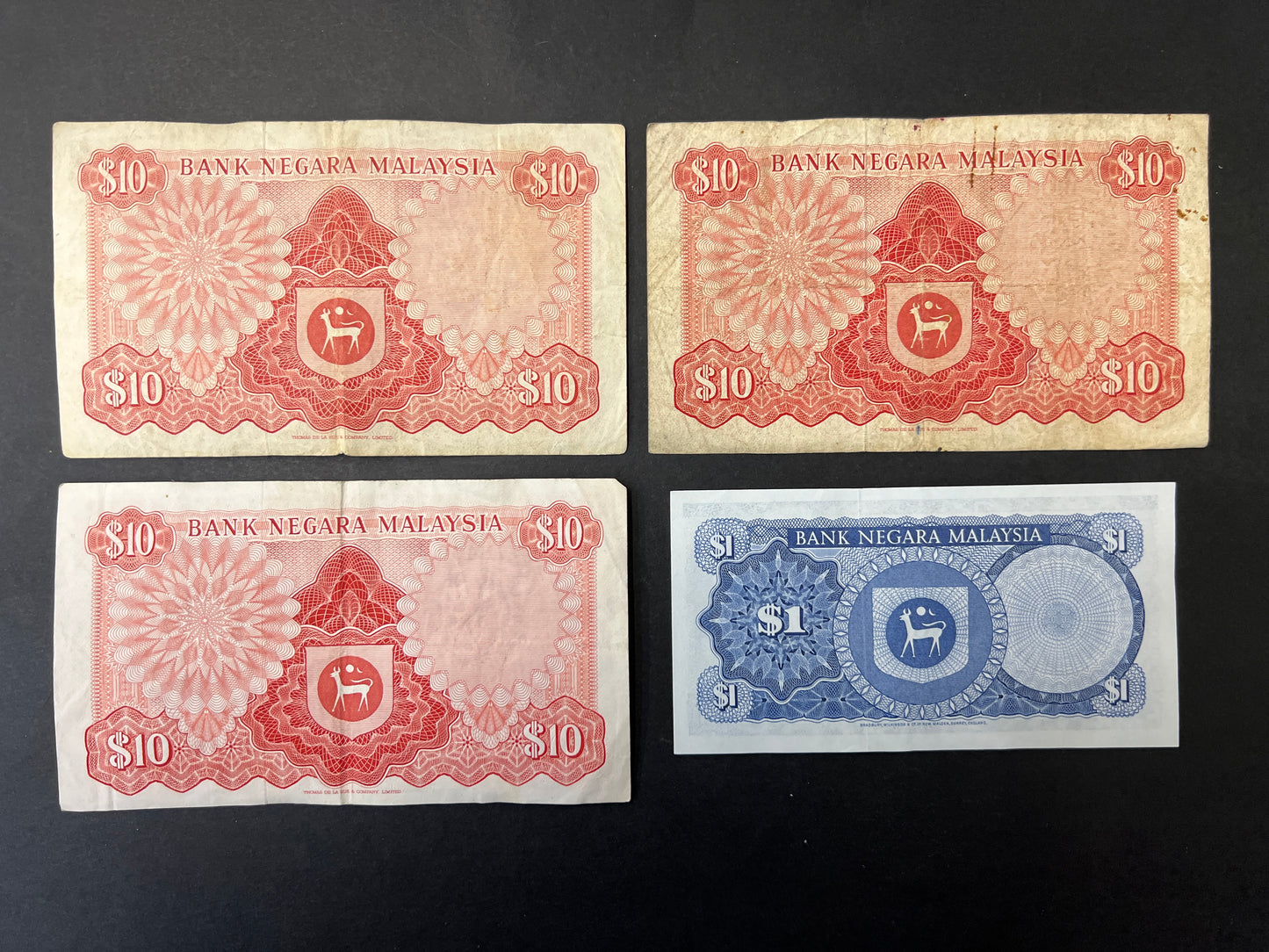Malaysia Vintage Ten and One Ringgit Banknotes (3 x $10 and 1 x $1)