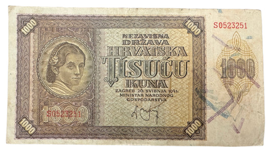 Croatia 1,000 Kuna Vintage Banknote 1941