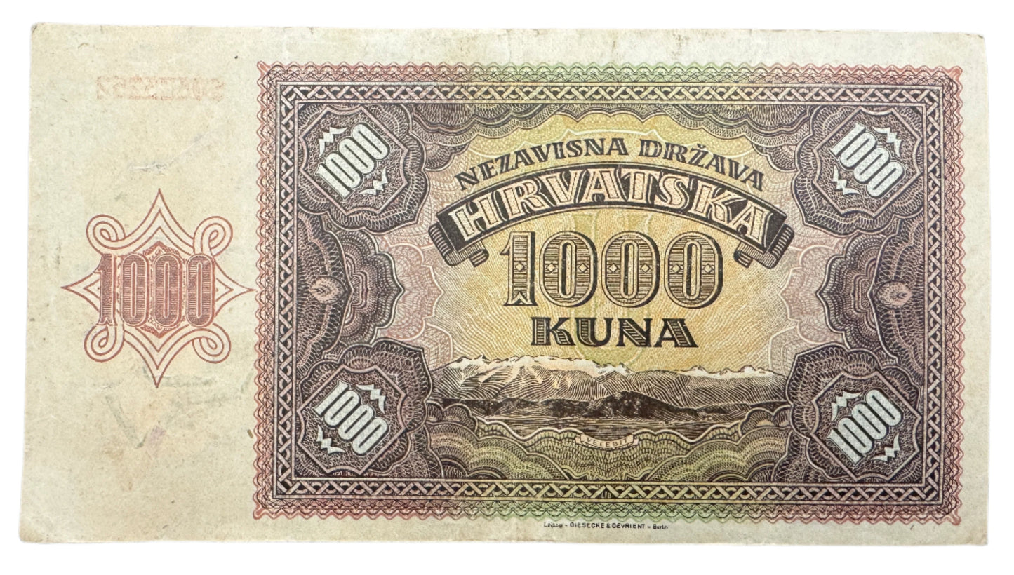 Croatia 1,000 Kuna Vintage Banknote 1941