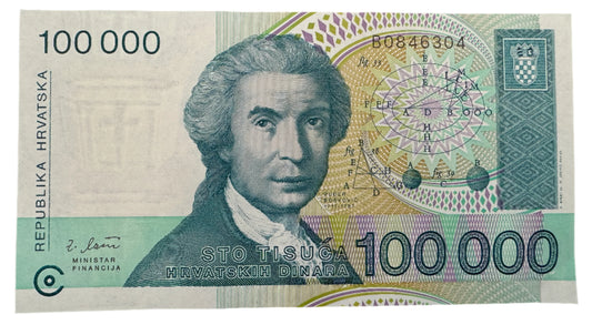 Croatia 100,000 Dinara Vintage Banknote 1993
