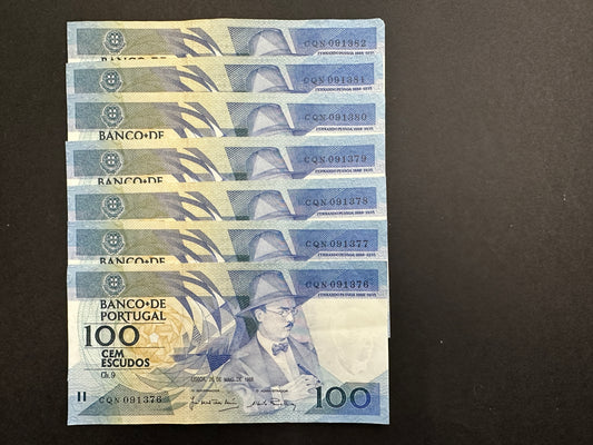 7 x Consecutive Portuguese 100 Escudos Banknotes  (1986 series)