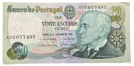 Banco De Portugal 20 Escudos (9th Print) Vintage Banknote 1978