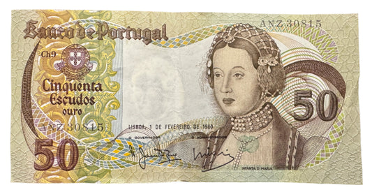 Banco De Portugal 50 Escudos (9th Print) Vintage Banknote 1968-1980