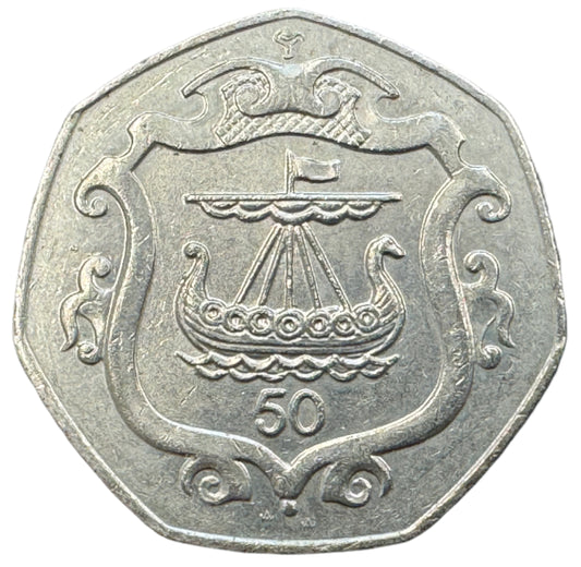 Isle Of Man Viking Longship Shield 50 Pence Coin 1985-1987