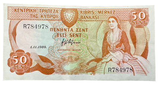 Central Bank Of Cyprus 50 Cents Vintage Banknote 1987-1989