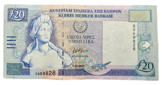 Central Bank Of Cyprus £20 Pounds / Lira Vintage Banknote 1997-2004