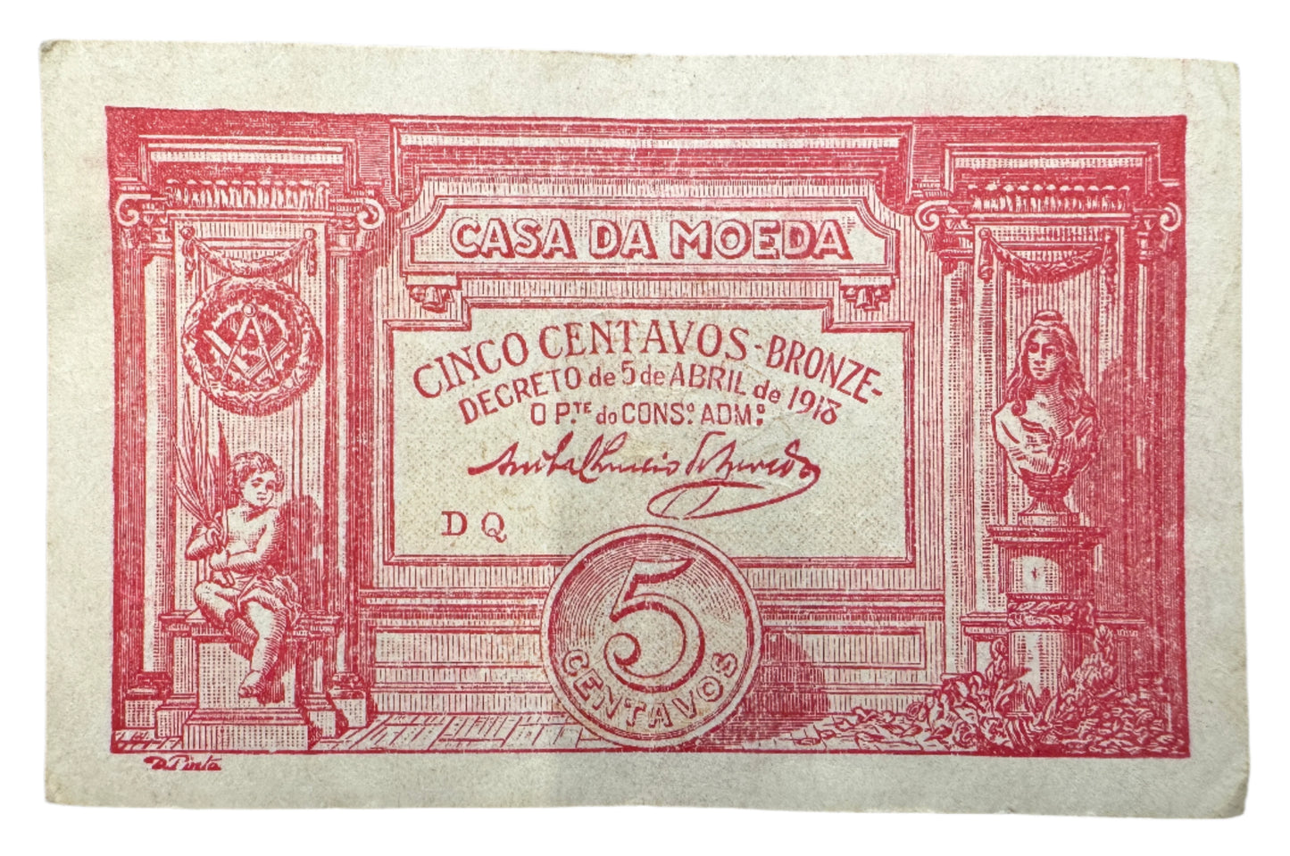 Portugal 5 Centavos Casa Da Moeda Vintage Banknote 1918