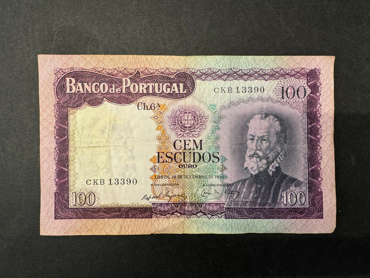 Portugal 100 Escudos Banknote (6th. Print; 2nd. Type - Issued 1961)