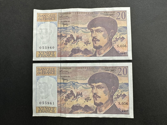 2 x 20 French Franc Banknotes with Consecutive Serial Numbers (Issued 1997)