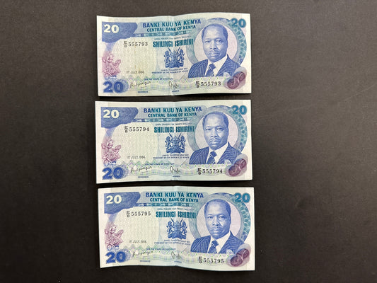 3 x 20 Kenyan Shilling Banknotes - Consecutive Serial Numbers