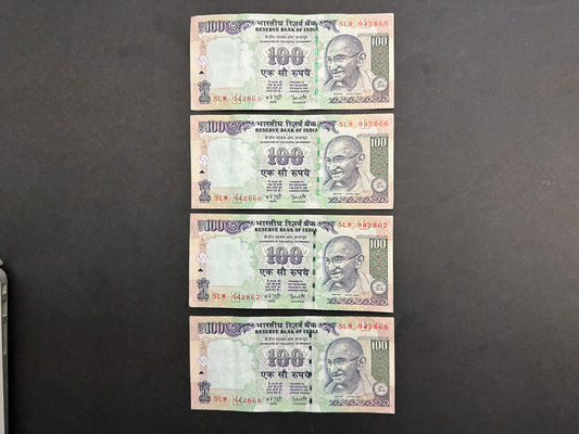 4 x 100 Rupee Indian Banknotes - Consecutive Serial Numbers